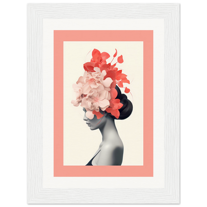 Artistic portrait of a woman’s profile with floral elements forming her hair and headdress.