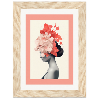 Framed artwork depicting a silhouette with floral elements forming a headdress.