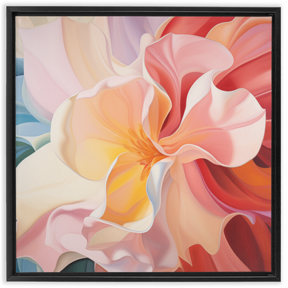 Close-up painting of a blooming flower with soft, layered petals in pastel pink, peach, and yellow hues.