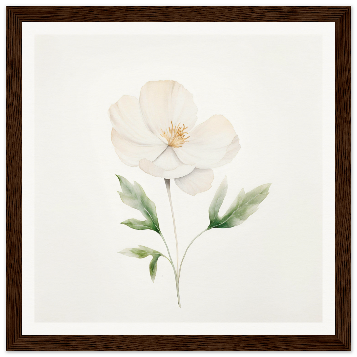 Delicate white flower with pale green leaves painted in watercolor style.