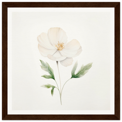 Delicate white flower with pale green leaves painted in watercolor style.