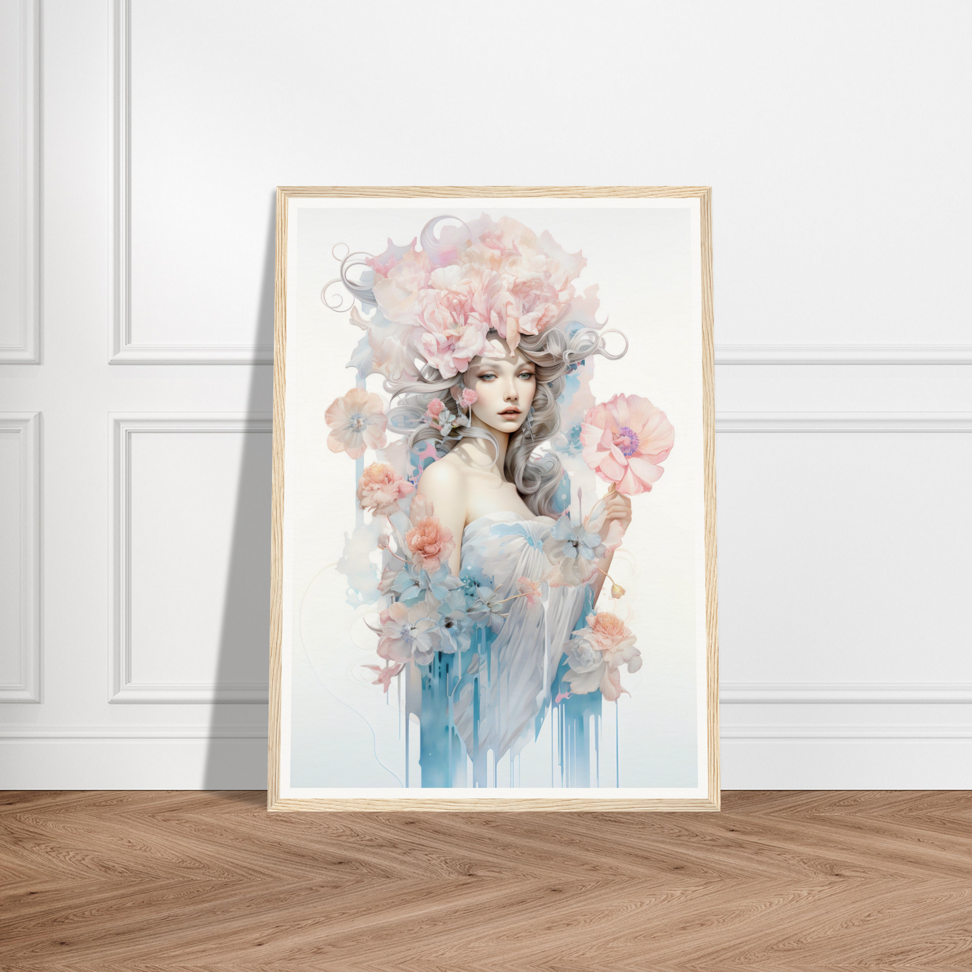 Framed watercolor painting of an ethereal woman with flowing hair surrounded by soft floral elements.