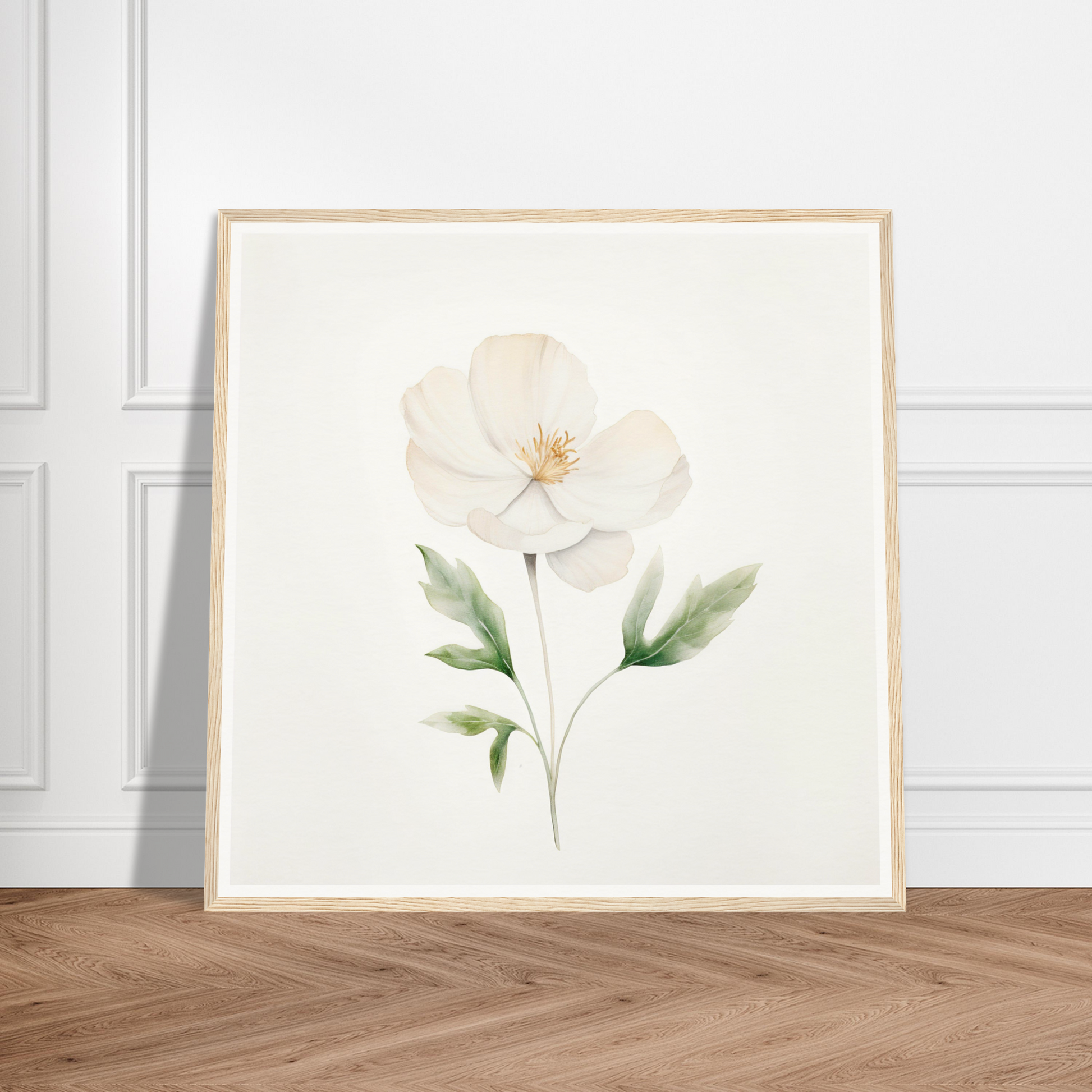 Delicate watercolor painting of a single white flower with green leaves.