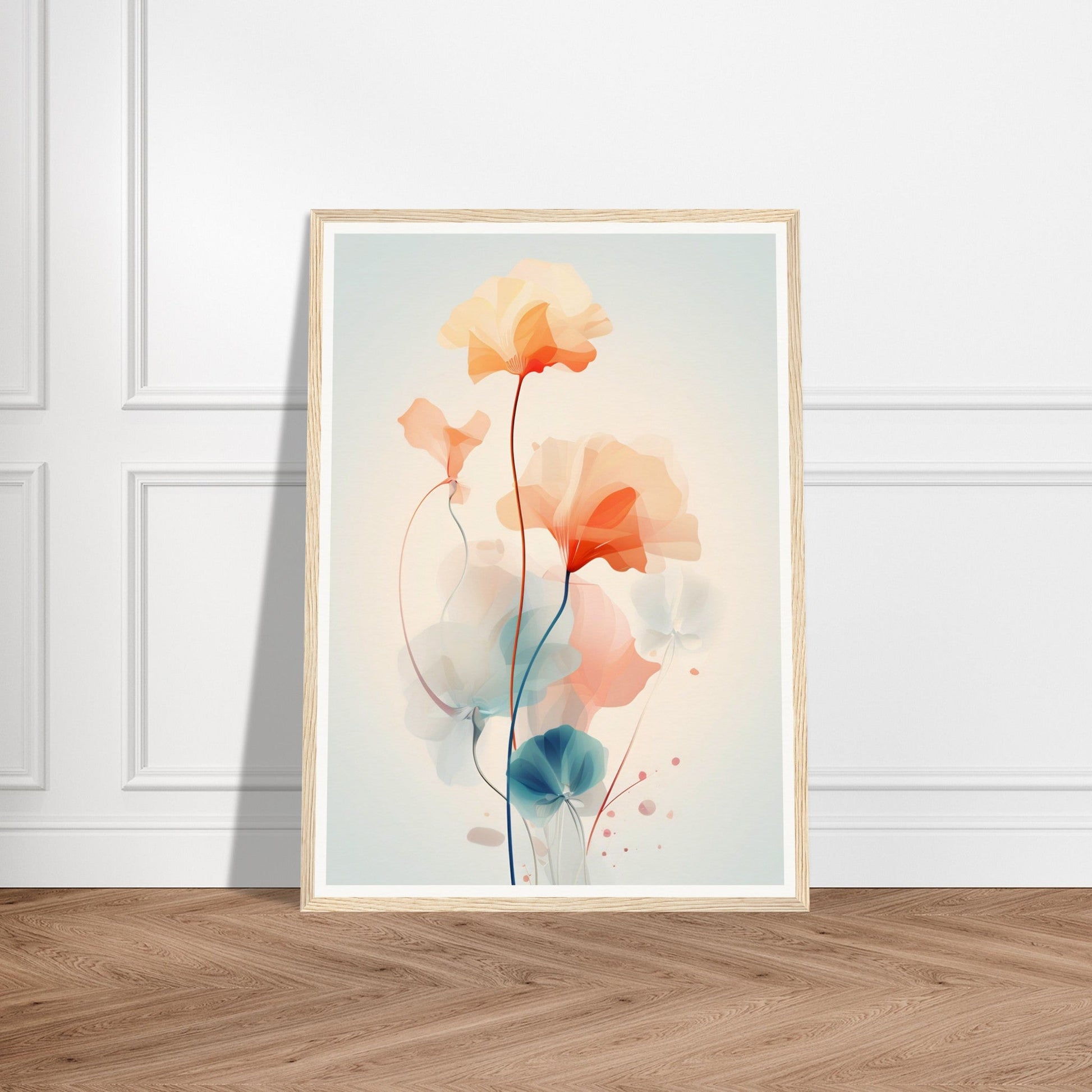 Framed watercolor painting of delicate orange and blue flowers with stems.