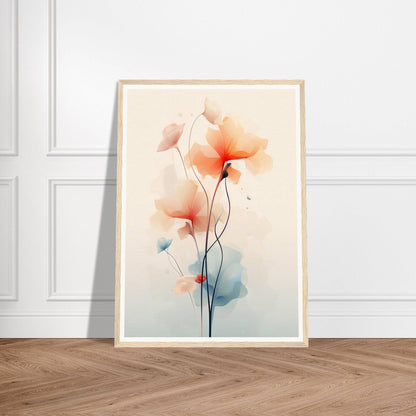 Framed watercolor painting of delicate orange and pink flowers with thin stems.