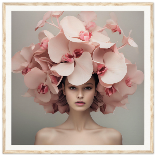 Elaborate floral headdress made of pale pink orchids.