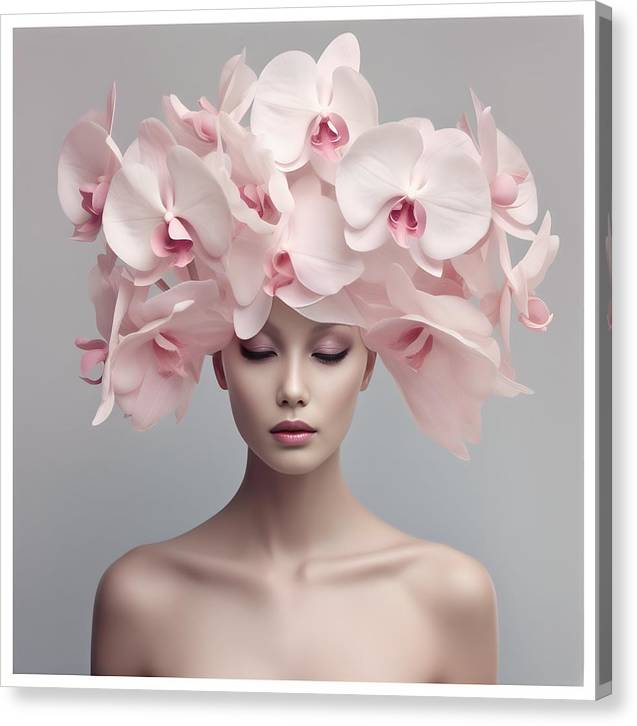 Elaborate floral headdress made of pale pink orchids.