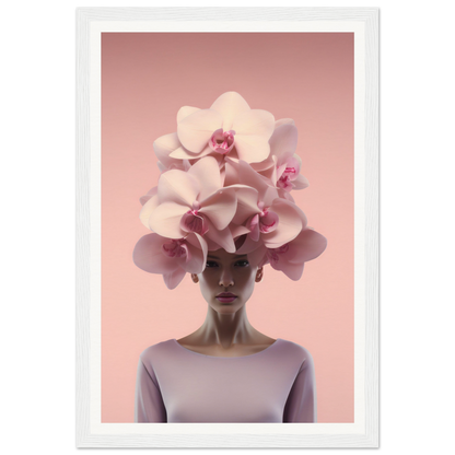 Elaborate floral headpiece resembling pink orchids atop a person’s head.