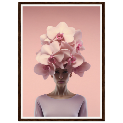 A person wearing an elaborate orchid headdress.