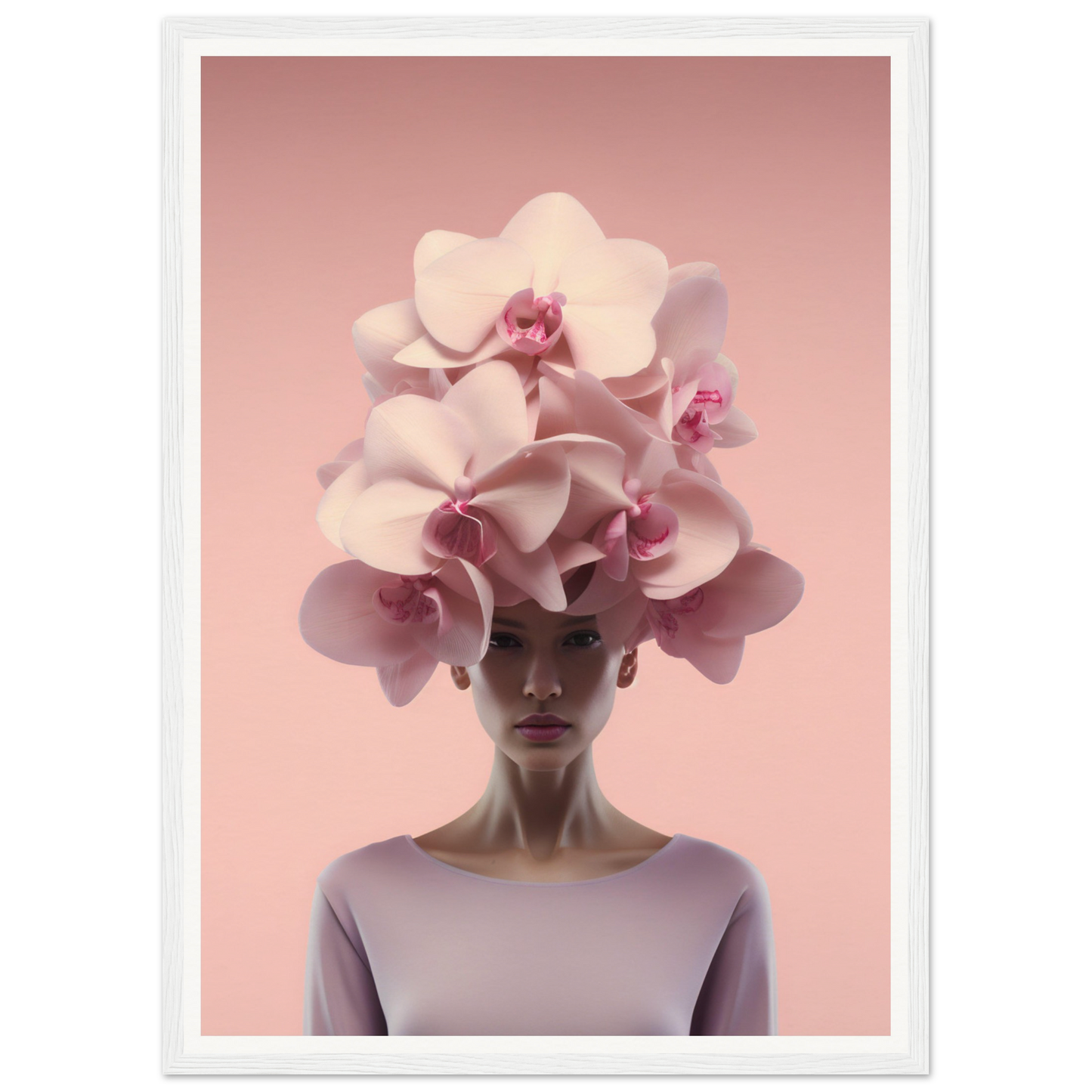 Surreal portrait featuring a figure wearing an elaborate orchid headdress.