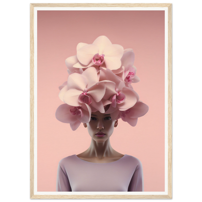 A surreal portrait featuring a person wearing an elaborate orchid headdress.