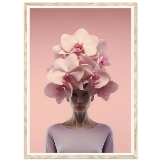 A surreal portrait featuring a person wearing an elaborate orchid headdress.