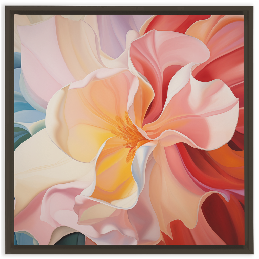 Close-up painting of a blooming flower with soft, curving petals in shades of pink, peach, and yellow.