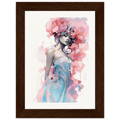 Watercolor painting of a woman with pink floral elements in her hair and a blue dress.