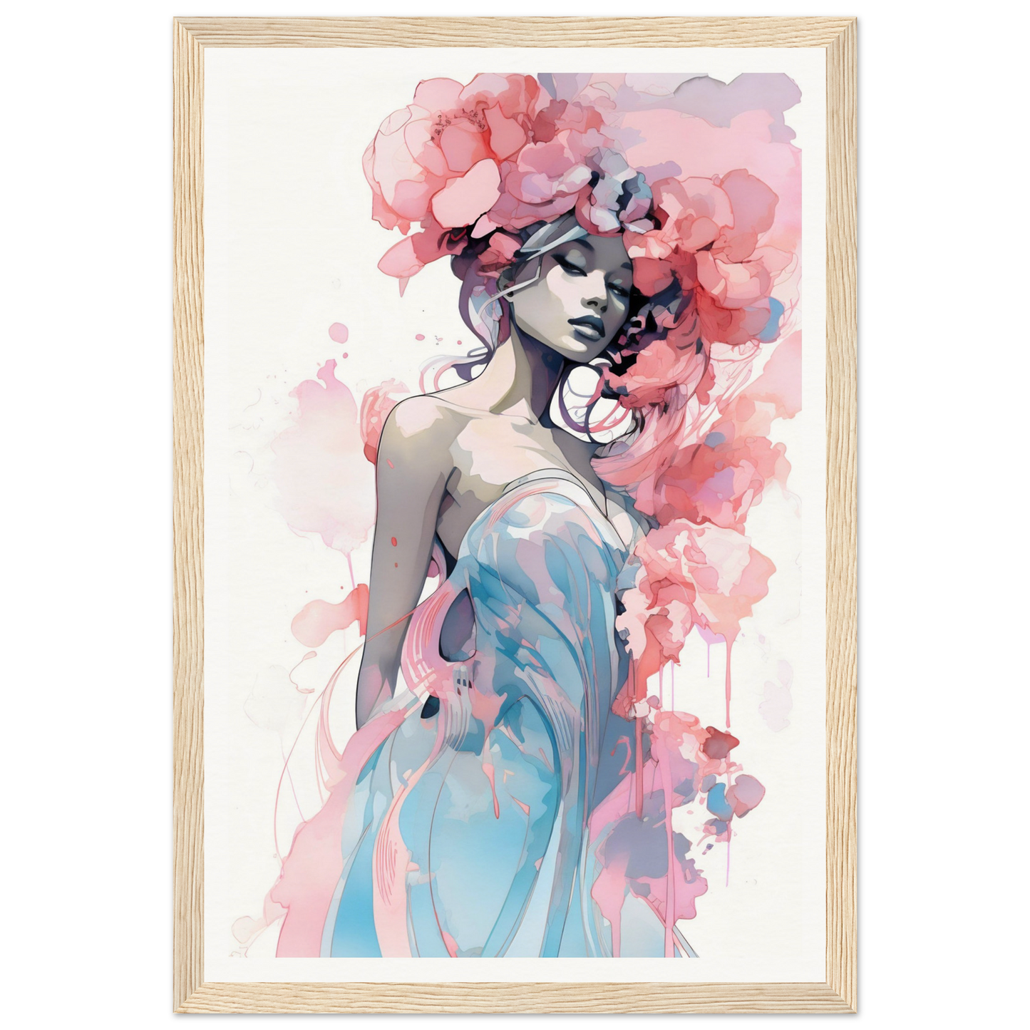 Watercolor-style painting of a woman with pink floral elements in her hair, wearing a blue dress.