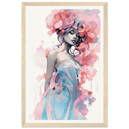 Watercolor-style painting of a woman with pink floral elements in her hair, wearing a blue dress.