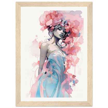 Watercolor painting of a woman with pink flowers in her hair wearing a blue dress.