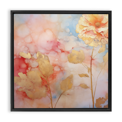 Framed watercolor painting of abstract floral shapes in soft pastel colors.