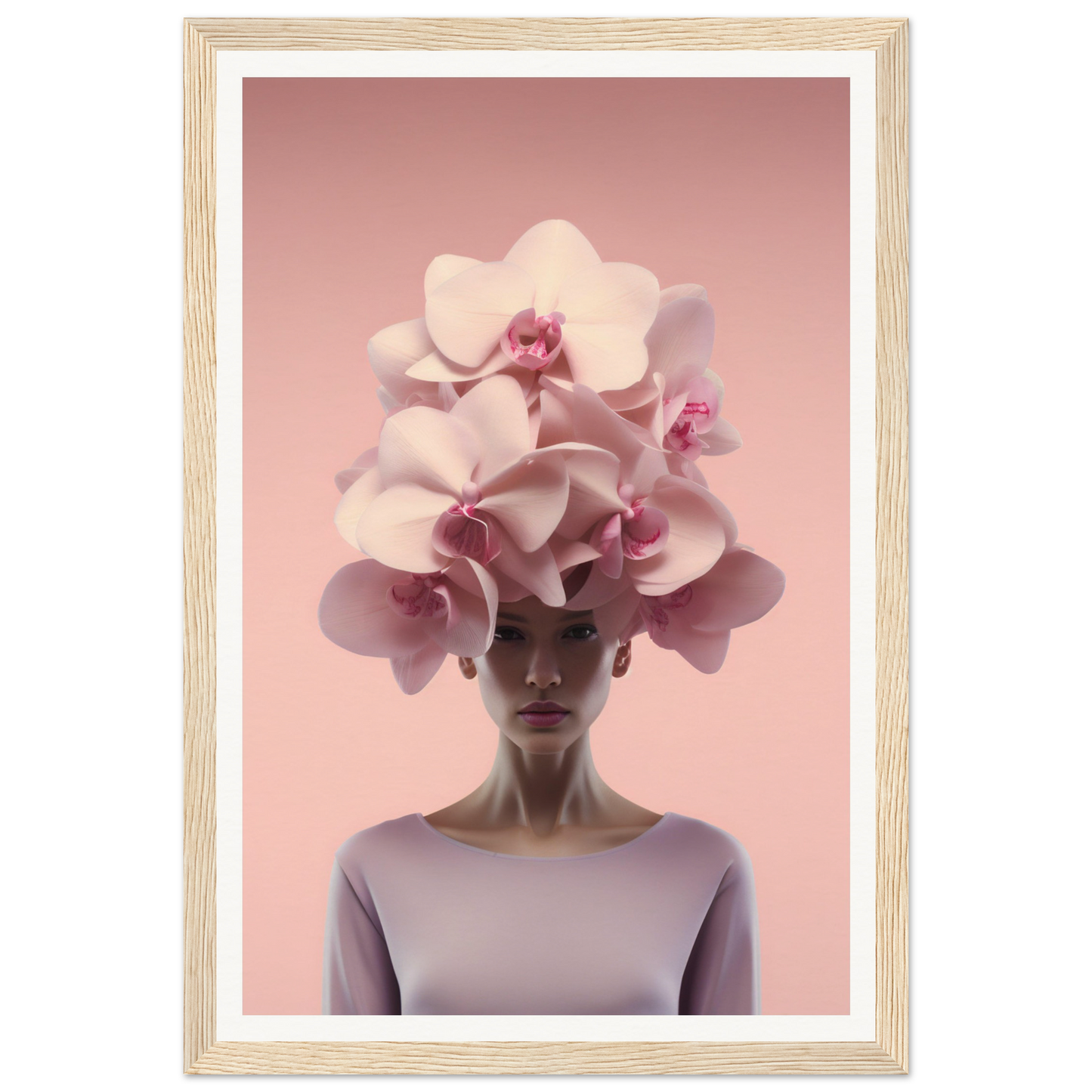 Surreal portrait featuring a figure wearing an elaborate orchid headdress.