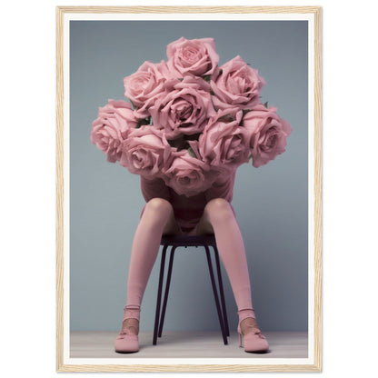 Bouquet of pink roses obscuring a seated figure’s upper body.