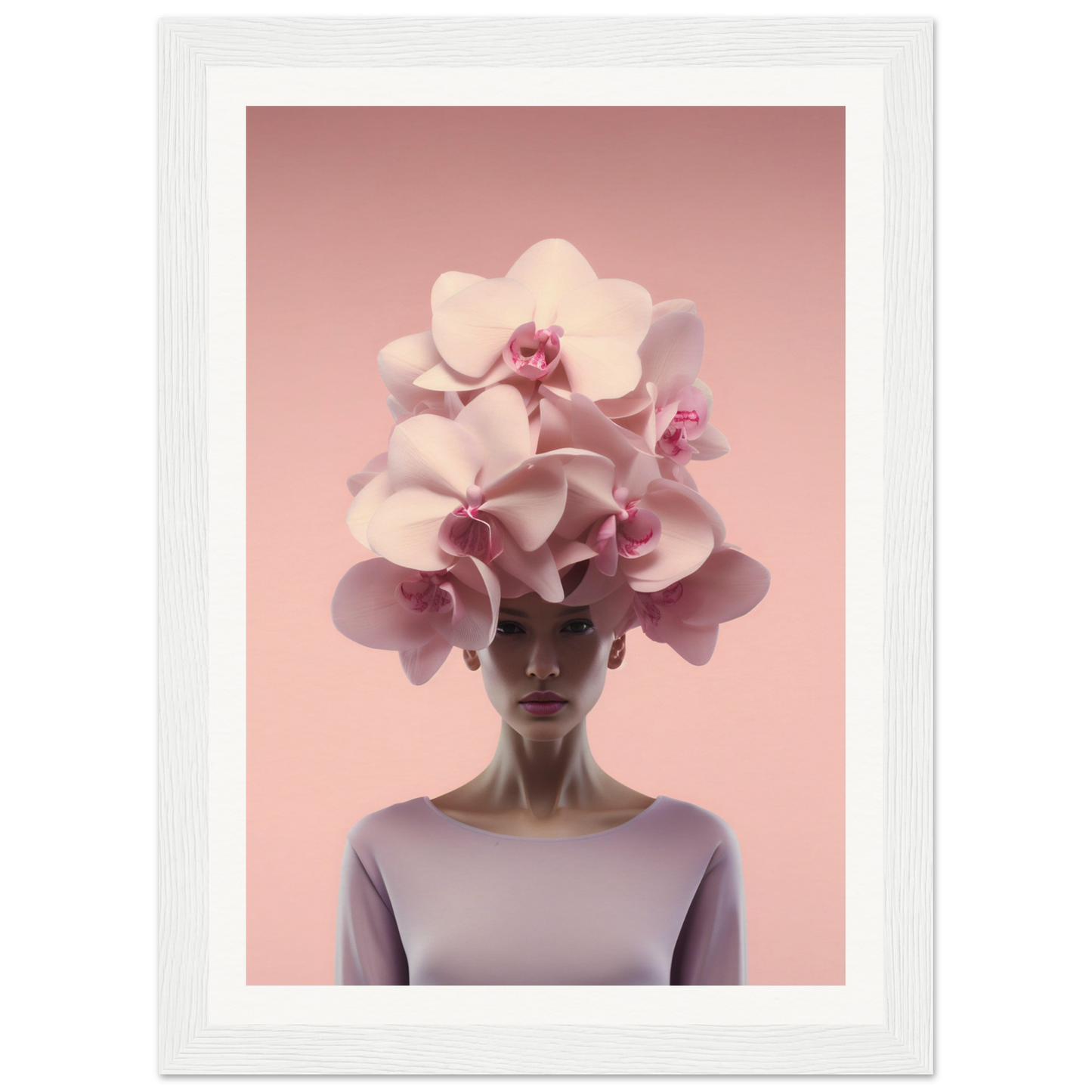 Elegant orchid headdress atop a figure in a pale top.