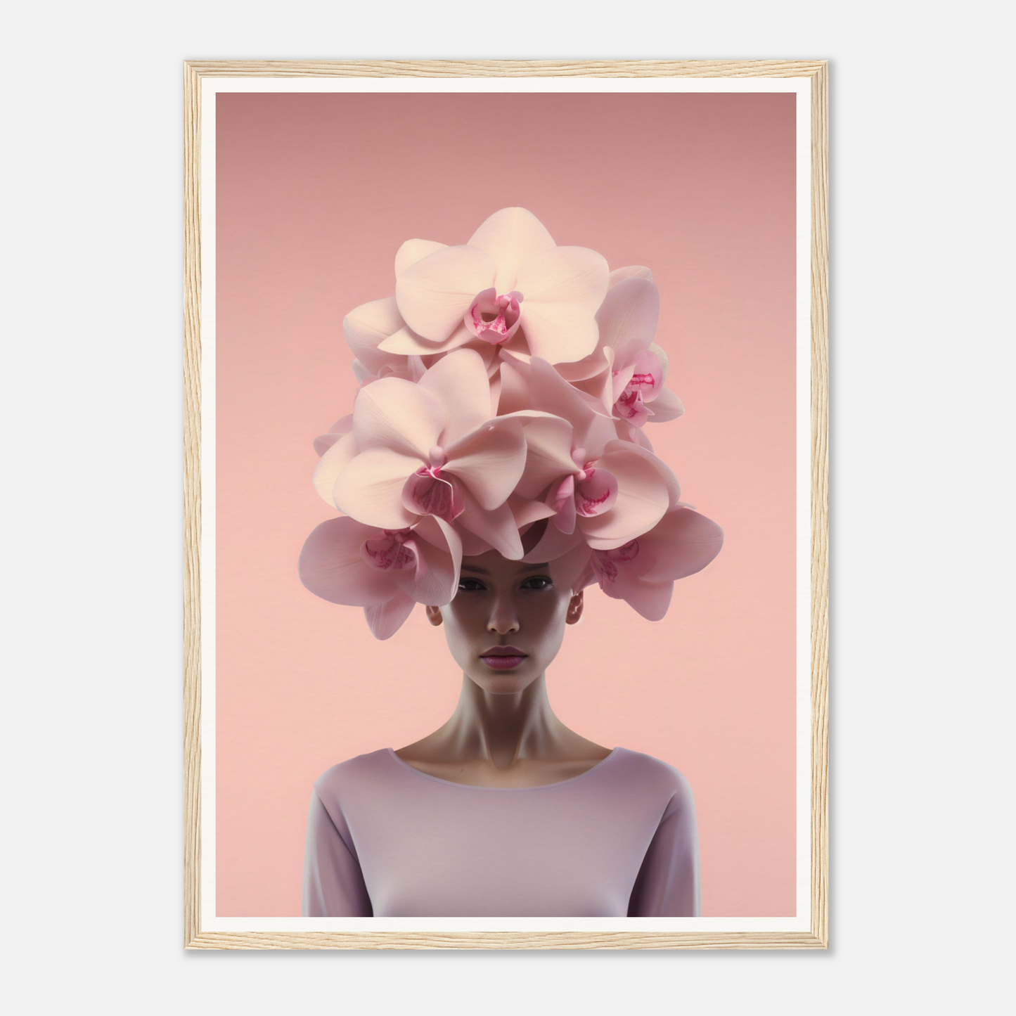 Surreal portrait featuring a person wearing an elaborate orchid headdress.