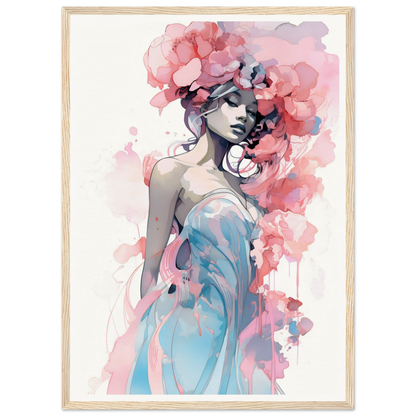 Watercolor-style painting of a woman with pink floral elements in her hair and a blue dress.