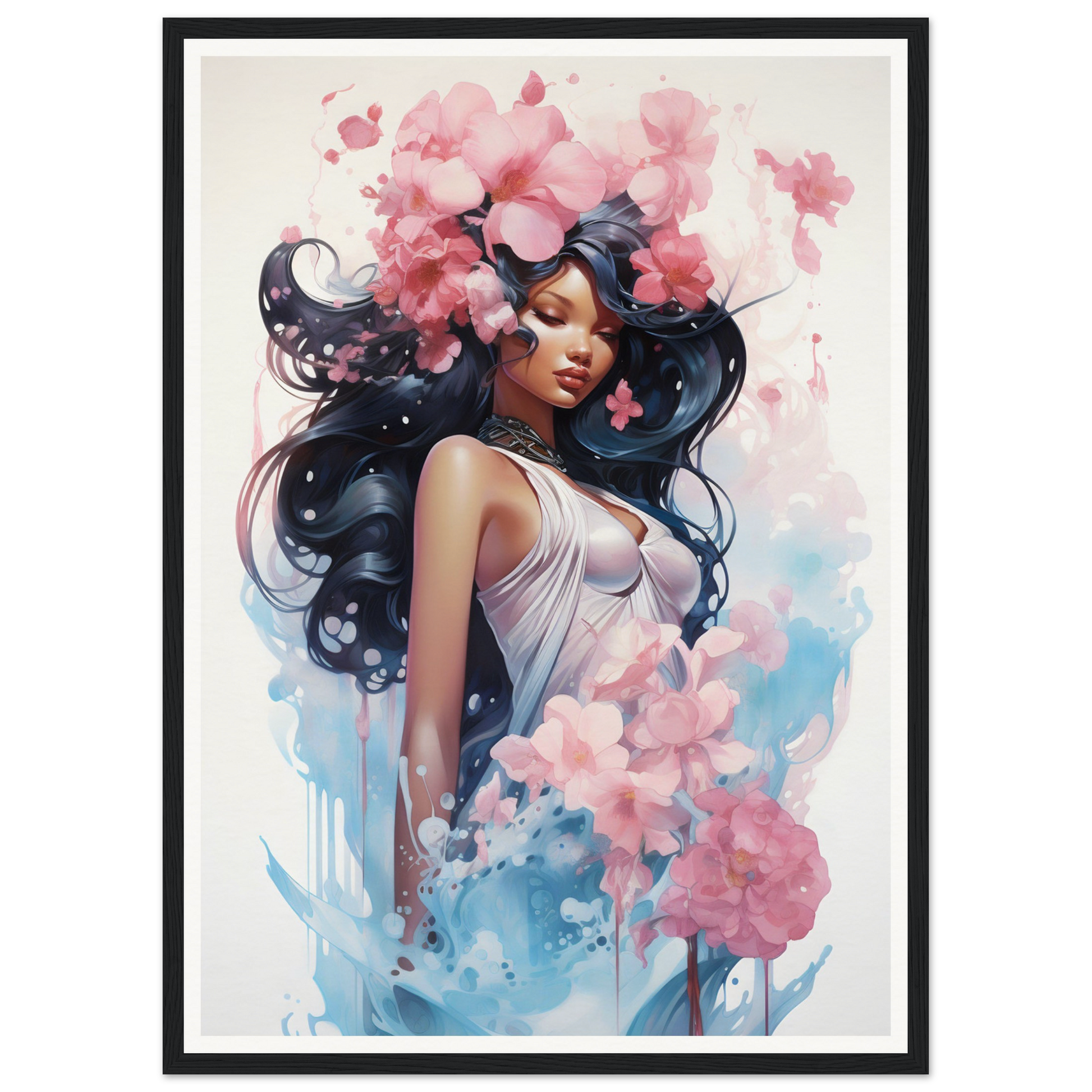 Artistic portrait of a woman with flowing dark hair surrounded by pink floral elements and blue watercolor effects.