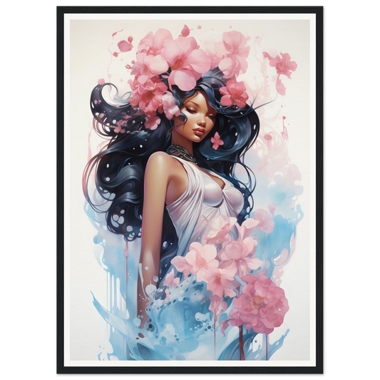 Artistic portrait of a woman with flowing dark hair surrounded by pink floral elements and blue watercolor effects.