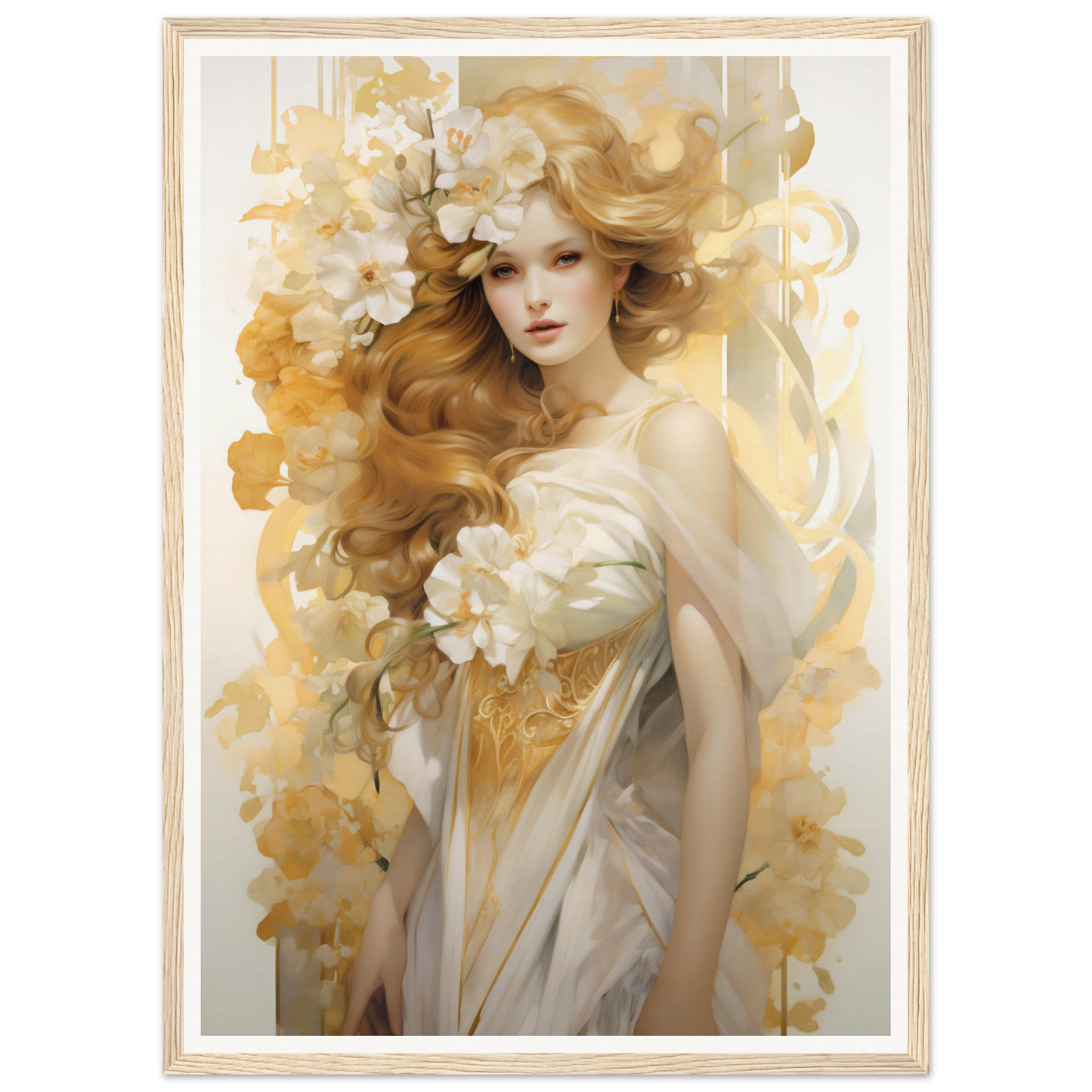 Ethereal portrait of a woman with flowing golden hair adorned with white flowers.