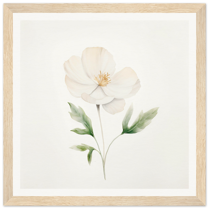 Delicate white flower with pale green leaves painted in watercolor style.