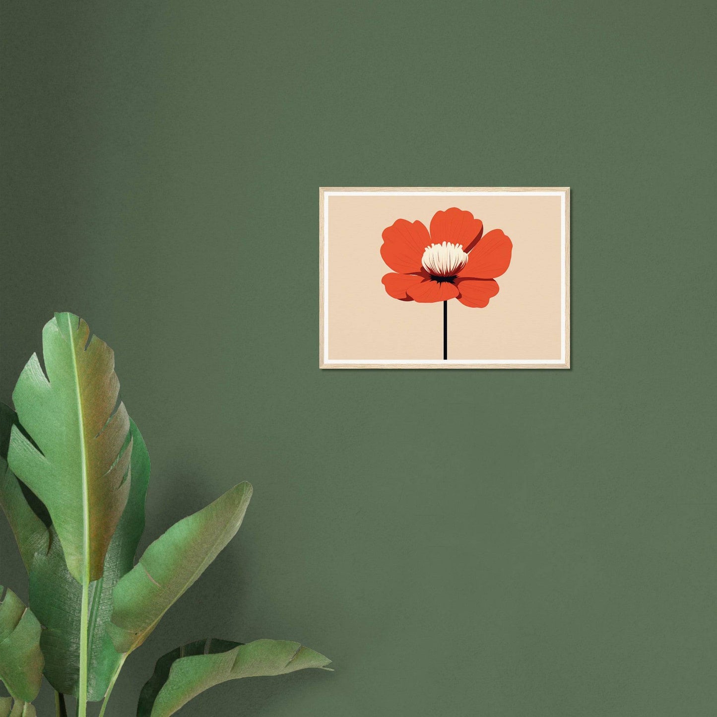 Framed artwork of a single red poppy flower against a light background.