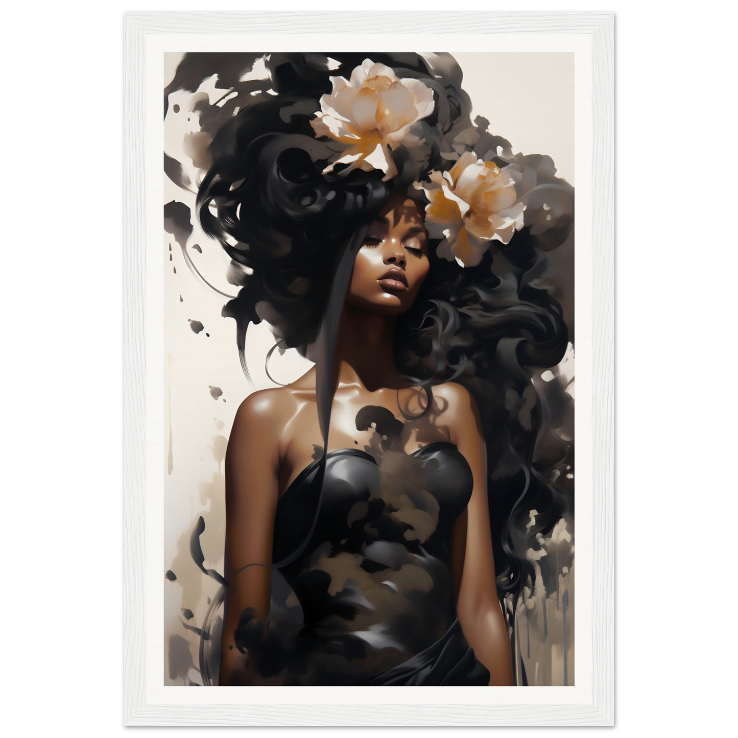 Artistic portrait featuring flowing dark hair adorned with delicate white flowers.