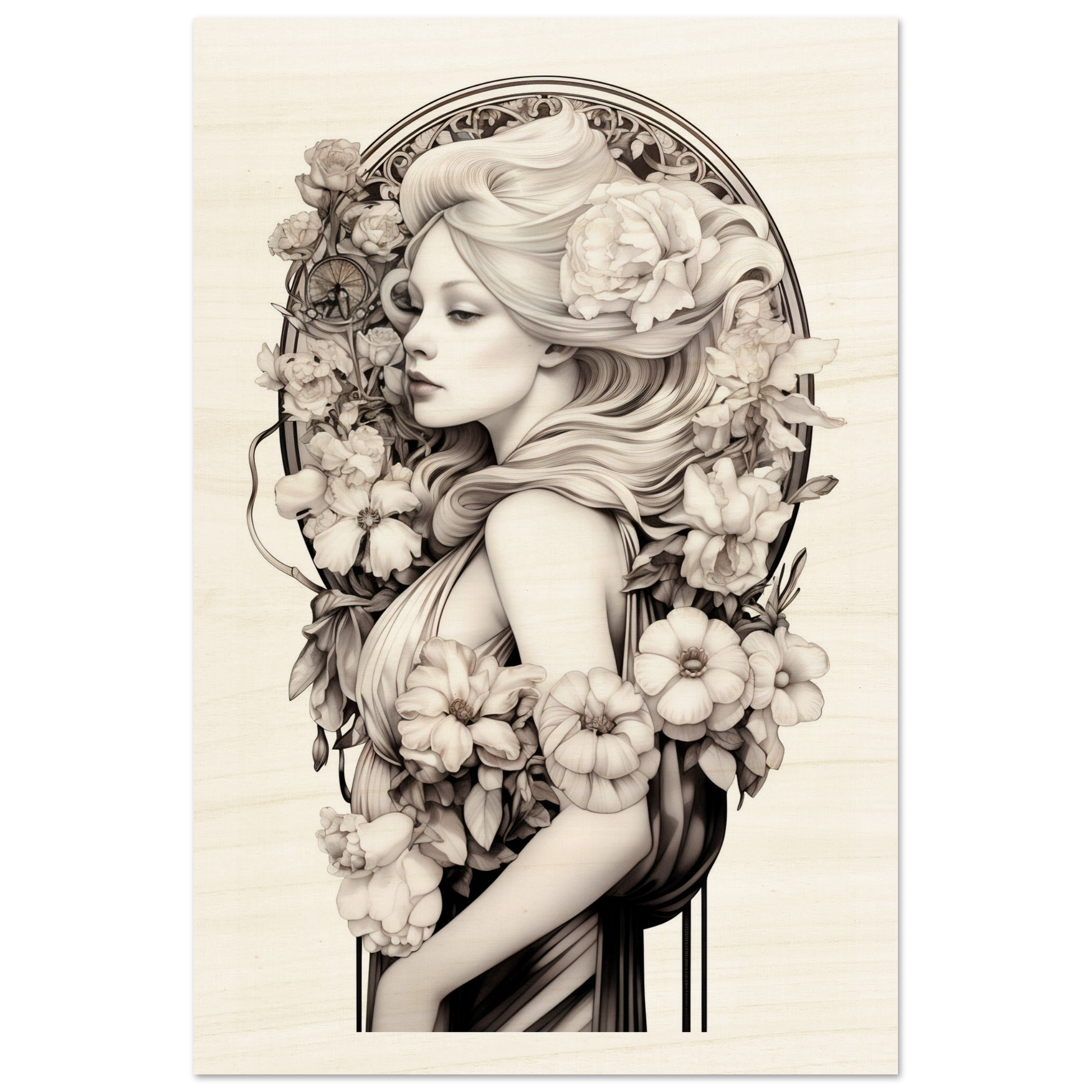 Elegant Art Nouveau-style portrait of a woman adorned with flowing hair and floral elements.