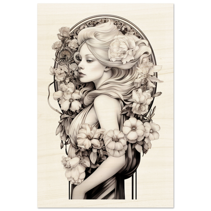 Elegant Art Nouveau-style portrait of a woman adorned with flowing hair and floral elements.