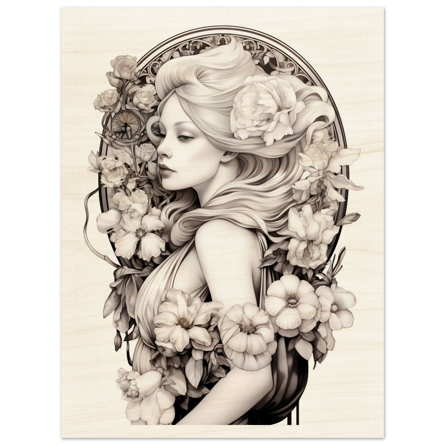 Intricate pencil drawing of a woman’s profile surrounded by ornate floral elements.