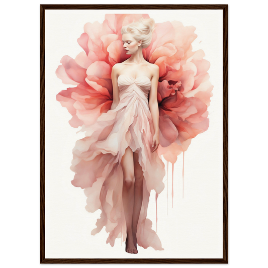 Artistic portrait of a woman emerging from a blooming pink flower, her dress blending seamlessly with the petals.