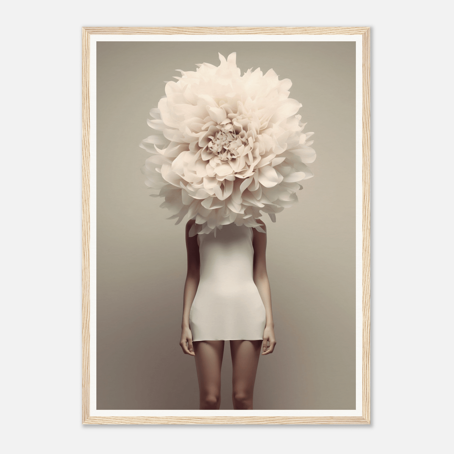 Surreal figure with a giant white flower in place of its head, wearing a short white dress.