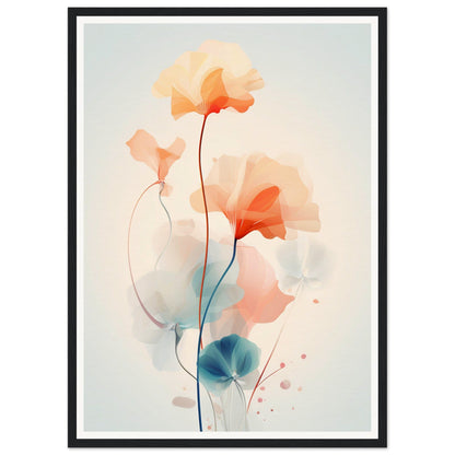 Delicate watercolor painting of abstract flowers with soft peach and blue hues.