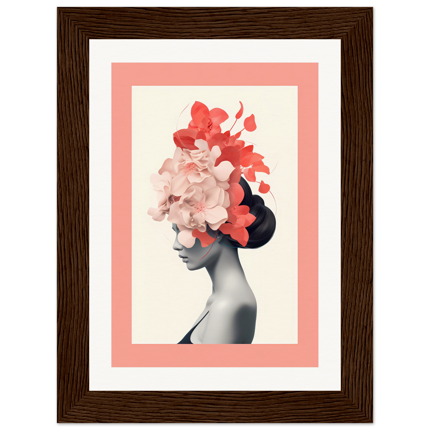 Artistic portrait of a figure with floral elements replacing the head, framed in wood.