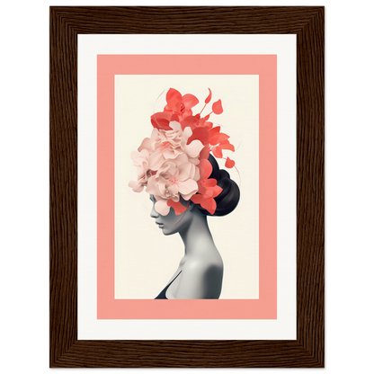 Artistic portrait of a figure with floral elements replacing the head, framed in wood.