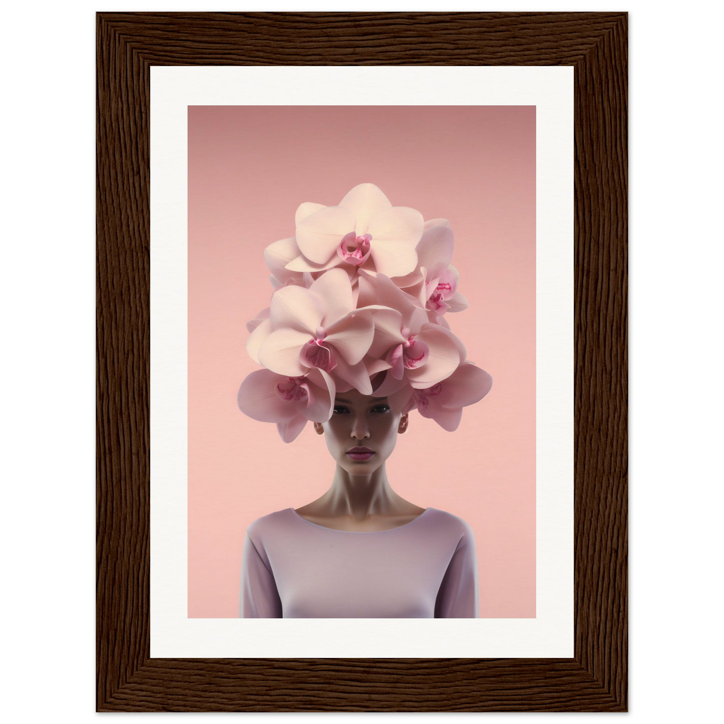 Surreal portrait of a figure with giant orchid blooms in place of their head.