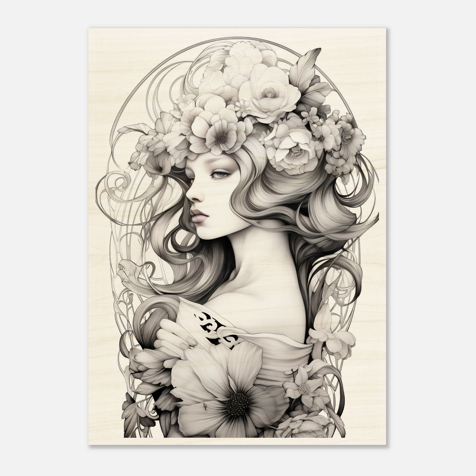 Elegant pencil sketch of a woman adorned with flowing hair and floral elements.