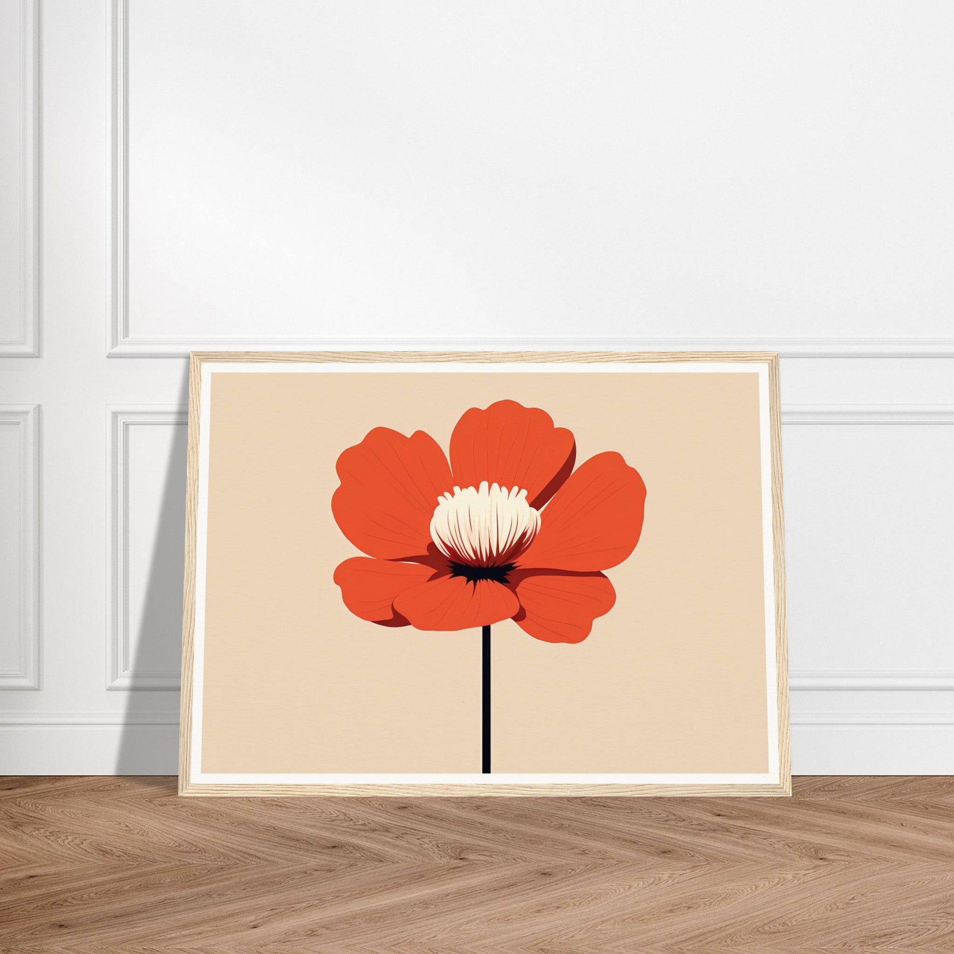 Minimalist illustration of a red poppy flower with a white center against a beige background.