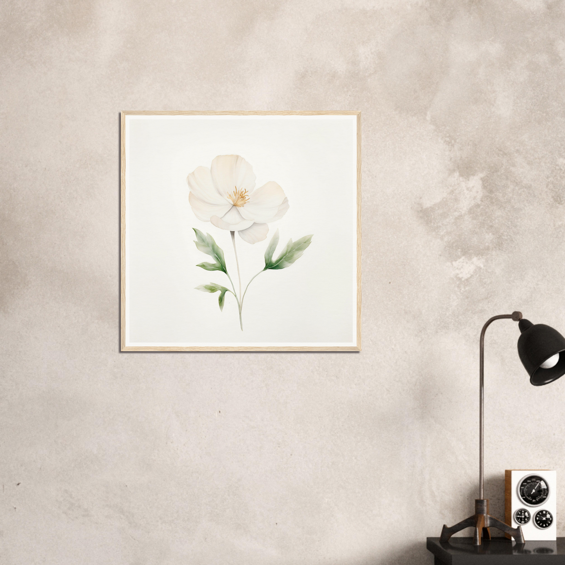 Framed watercolor painting of a delicate white flower with green stem and leaves.