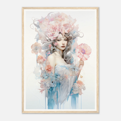 Ethereal watercolor-style portrait of a woman surrounded by soft floral elements and flowing colors.