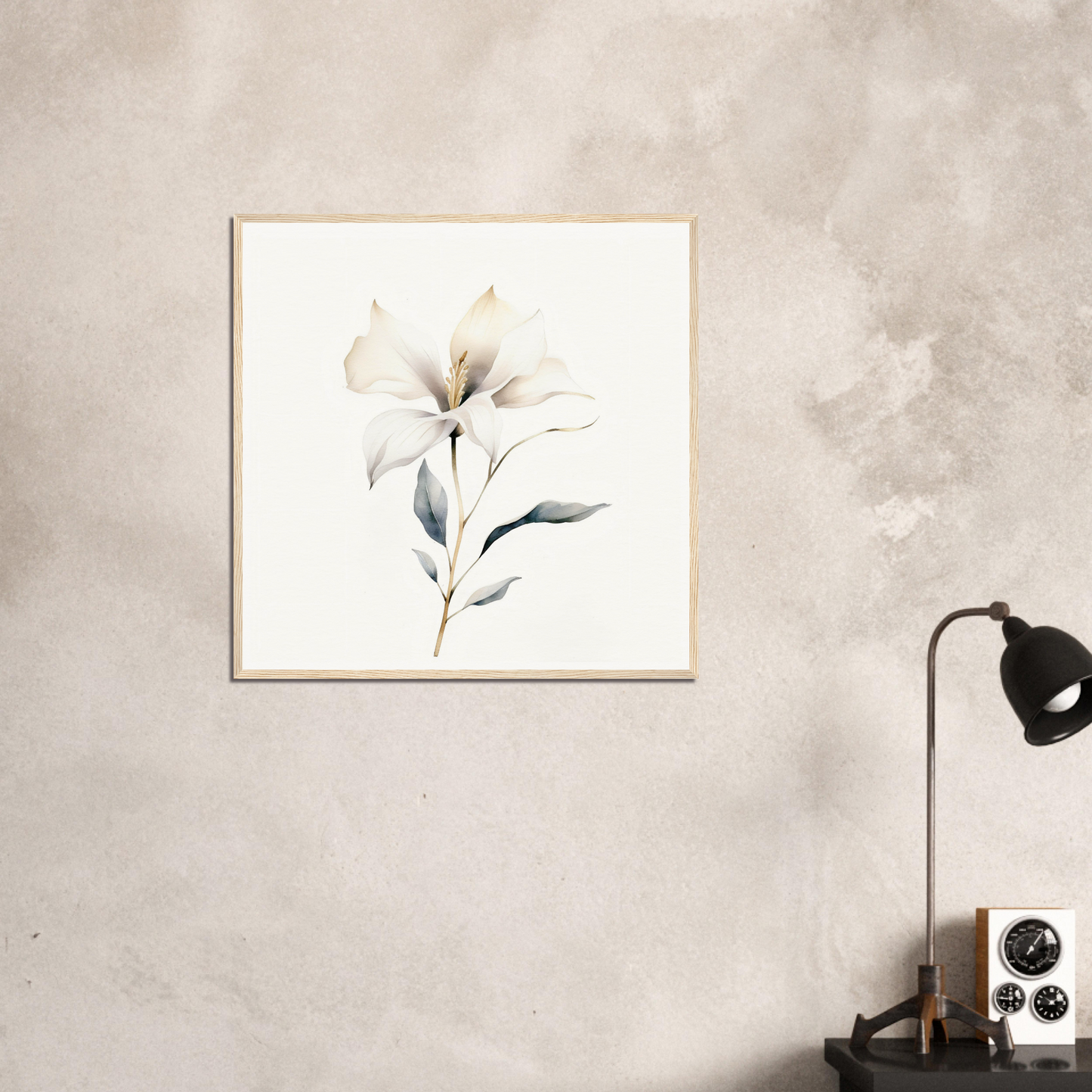 Framed watercolor painting of a delicate white flower with leaves.