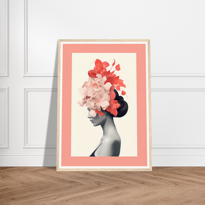 Framed artwork depicting a silhouette with floral elements replacing the head.