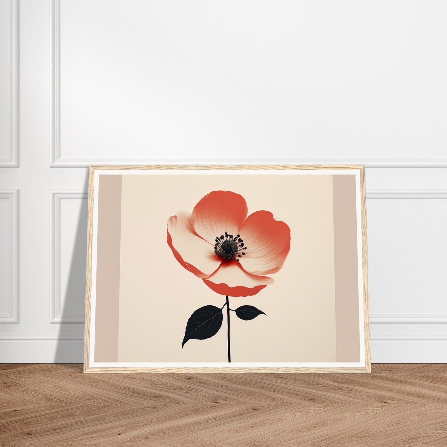 Stylized red poppy flower with black stem and leaves in a minimalist art print.