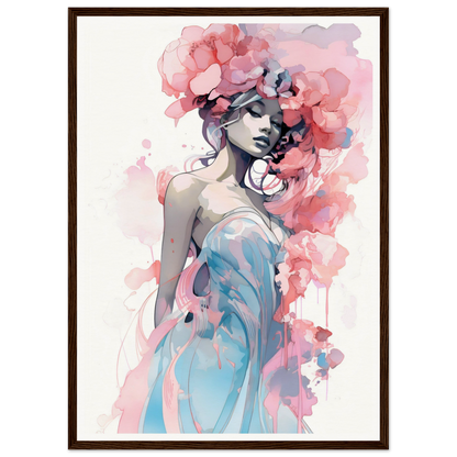 Watercolor-style painting of a woman with pink floral elements in her hair and a flowing blue dress.